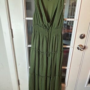 Olive Green Maxi Dress Tiered Skirt, Size Medium